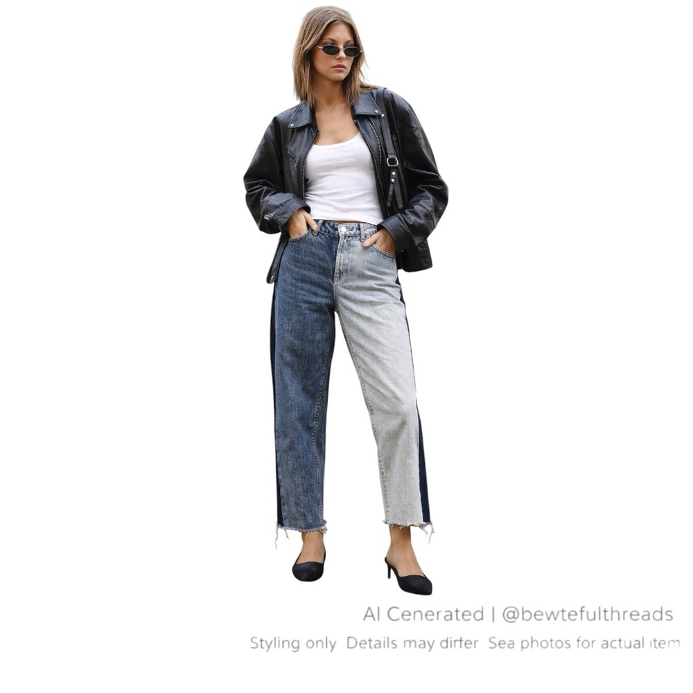 Y2K Patchwork Two Tone Denim Indie Sleaze Cropped Raw Hem Jeans